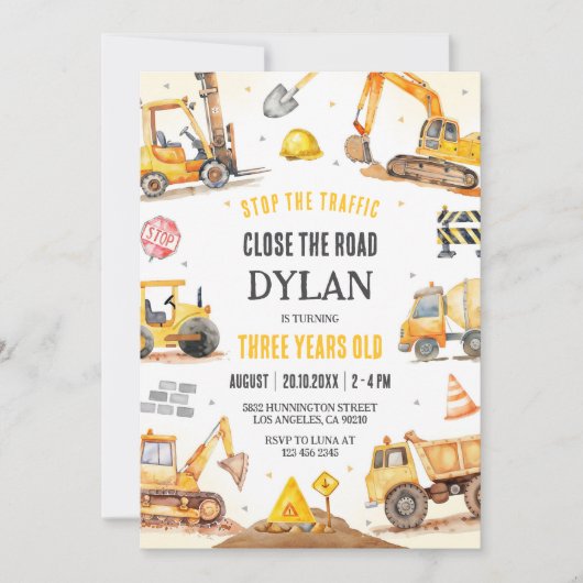 Construction Boy Birthday Invitation (Devant)