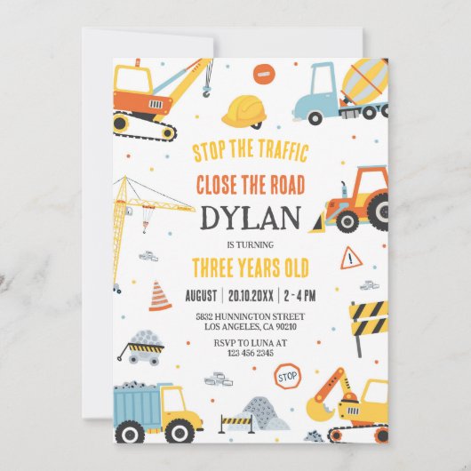 Construction Boy Birthday Invitation (Devant)
