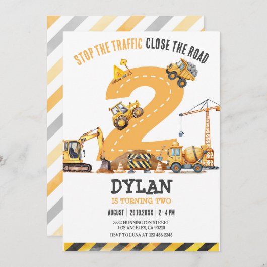 Construction Boy Birthday Invitation (Devant / Derrière)