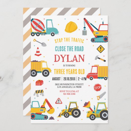 Construction Boy Birthday Invitation (Devant / Derrière)