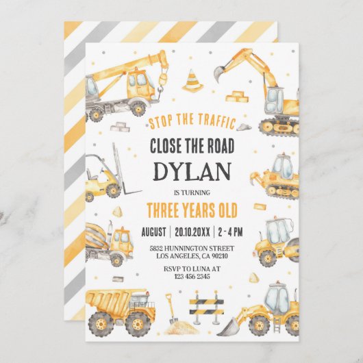 Construction Boy Birthday Invitation (Devant / Derrière)