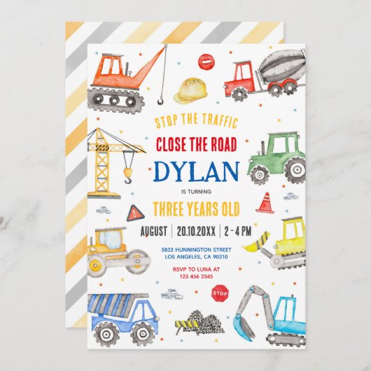 Construction Boy Birthday Invitation (Devant / Derrière)
