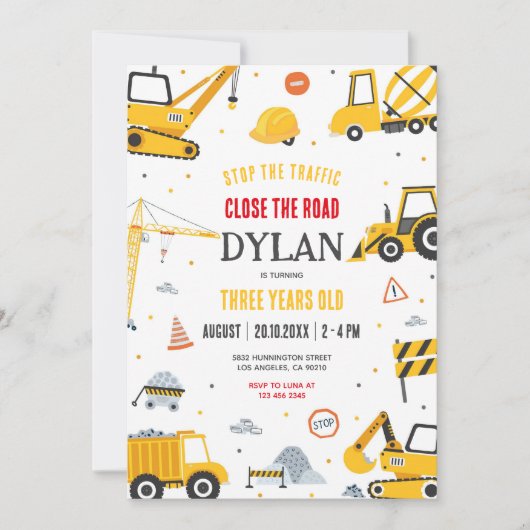 Construction Boy Birthday Invitation (Devant)