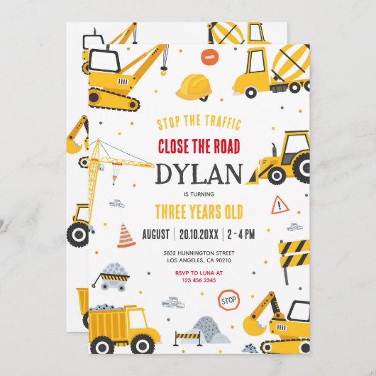 Construction Boy Birthday Invitation (Devant / Derrière)