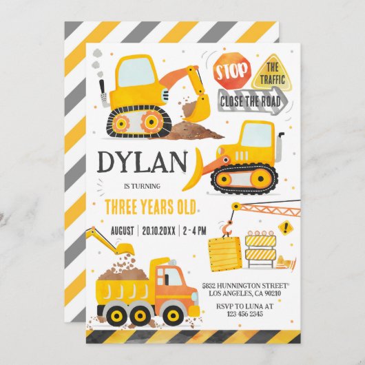Construction Boy Birthday Invitation (Devant / Derrière)