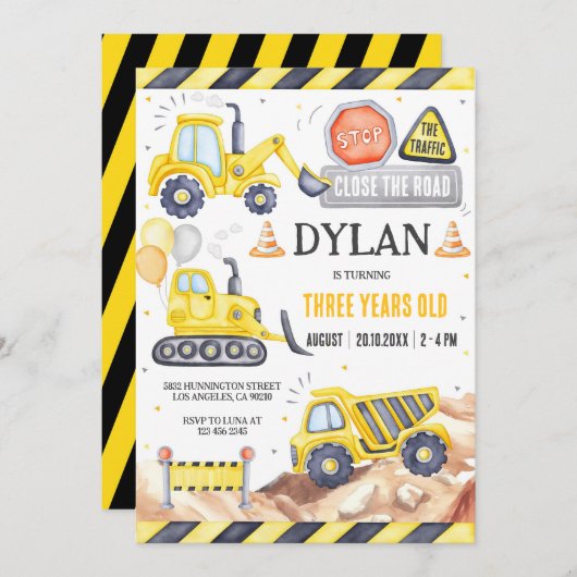 Construction Boy Birthday Invitation Kaart (Voorkant / Achterkant)