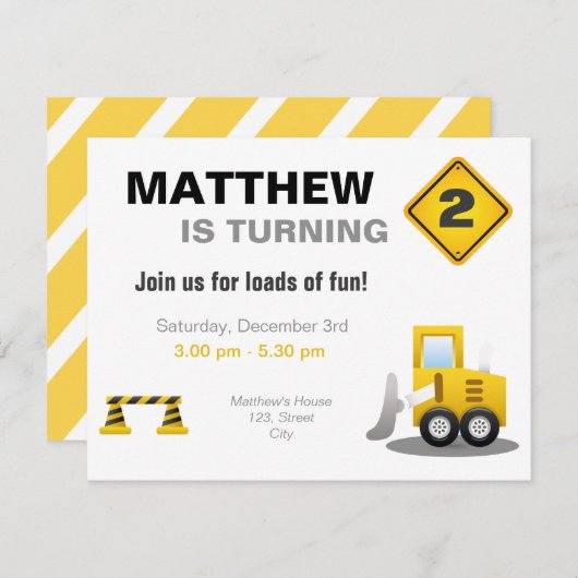 Construction Boy Invitation d'anniversaire (Devant / Derrière)