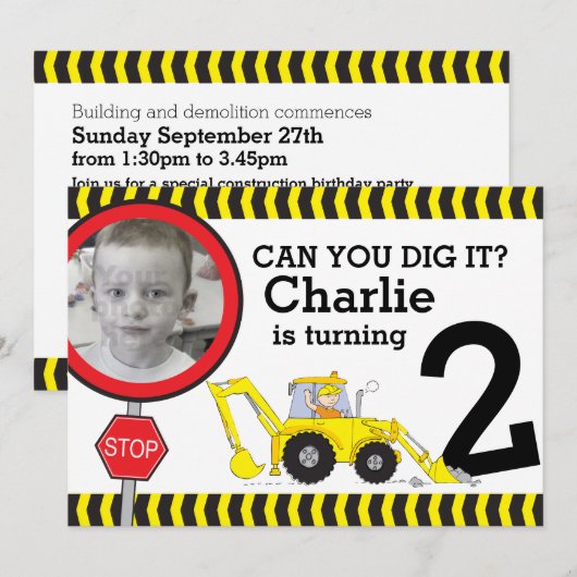 Construction boys 2ème anniversaire invitation (Devant / Derrière)