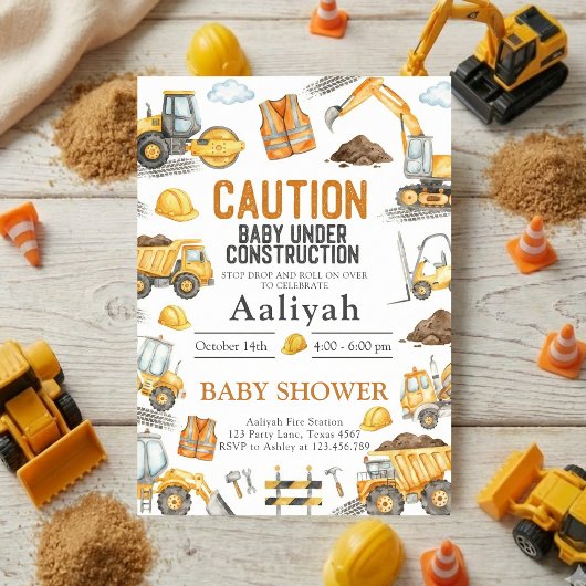 construction bulldozer celebration baby boy shower kaart