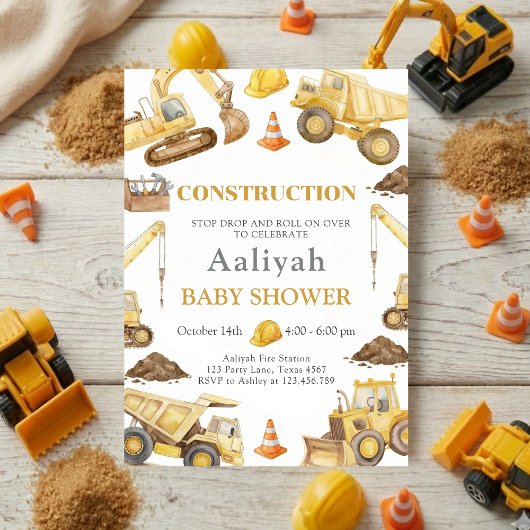 construction bulldozer celebration baby boy shower kaart
