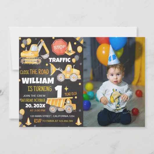 Construction Camions 1er anniversaire Invitation (Devant)