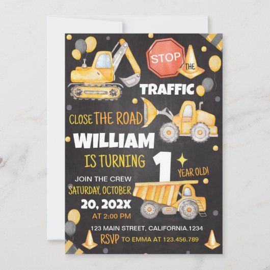 Construction Camions 1er anniversaire Invitation (Devant)