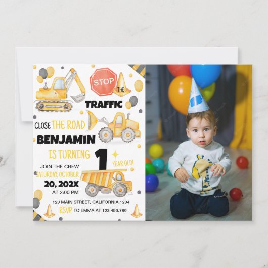 Construction Camions 1er anniversaire Invitation (Devant)