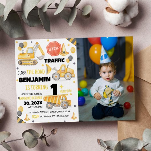 Construction Camions 1er anniversaire Invitation