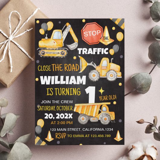 Construction Camions 1er anniversaire Invitation