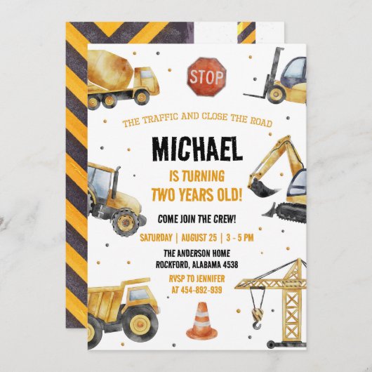 Construction Camions Thème Anniversaire Invitation (Devant / Derrière)