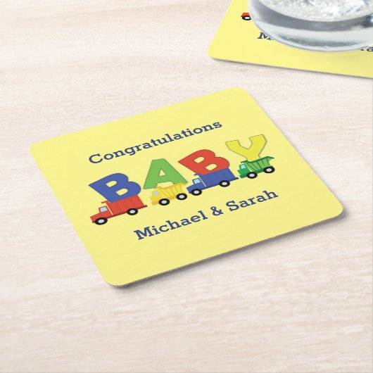 Construction Cute Trucks Boy Baby shower Vierkante Kartonnen Onderzetter (Schuin)