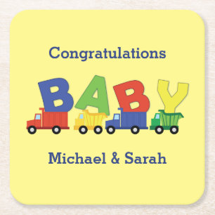 Construction Cute Trucks Boy Baby shower Vierkante Kartonnen Onderzetter