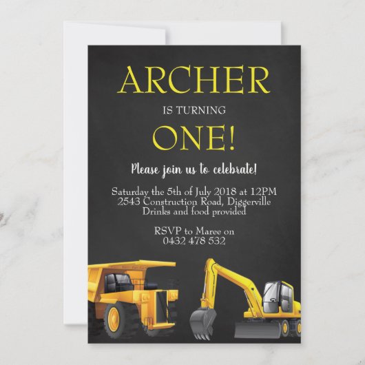 Construction Digger Boy Anniversaire Invitation In (Devant)