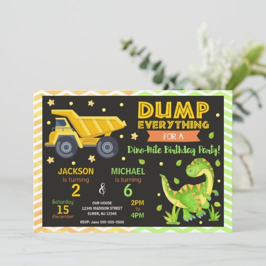 Construction & Dinosaur Joint Birthday Invitation Kaart (Staand voorkant)