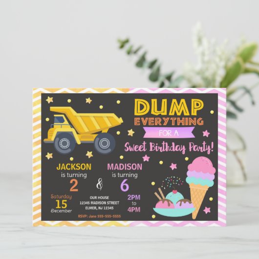 Construction & Ice Cream Joint Birthday Invitation (Debout devant)