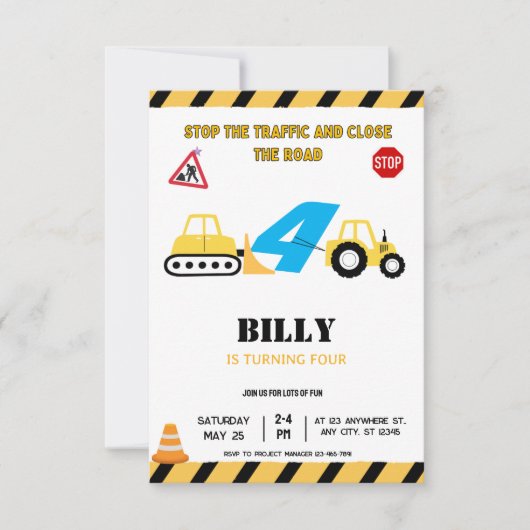 Construction Jaune 4E Invitation anniversaire (Devant)