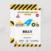 Construction Jaune 4E Invitation anniversaire (Devant / Derrière)