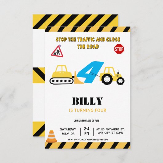 Construction Jaune 4E Invitation anniversaire (Devant / Derrière)