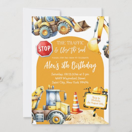 Construction Jaune moderne Boy Invitation Annivers (Devant)