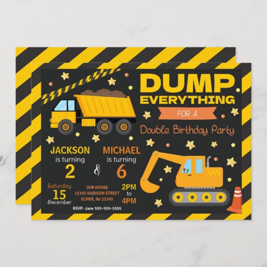 Construction Joint Birthday Invitation Siblings (Devant / Derrière)