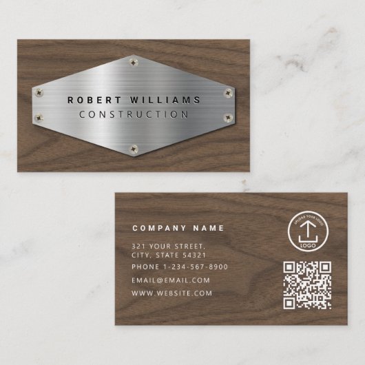 Construction Metal QR Code Metallic Silver Wood Visitekaartje (Voorkant / Achterkant)