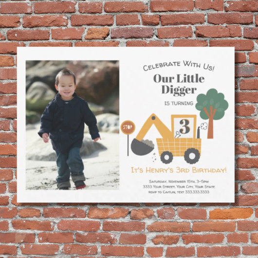 Construction Our Little Digger 3nd Birthday Party Kaart