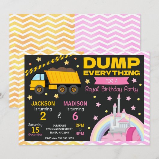 Construction & Princess Joint Birthday Invitation (Devant / Derrière)