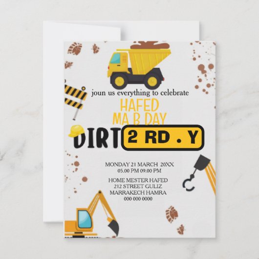 Construction Theme 3rd Birthday Invitation Dirty 3 (Devant)
