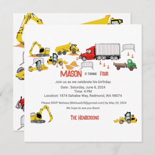 Construction Thème Anniversaire Fête Invitation (Devant / Derrière)