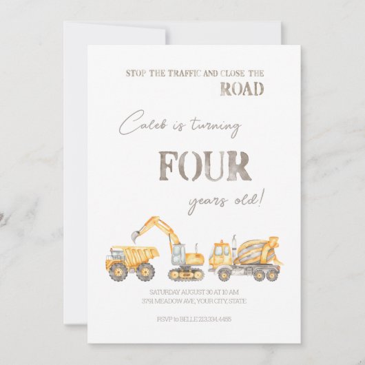 Construction Theme Fourth Birthday Invitation (Devant)