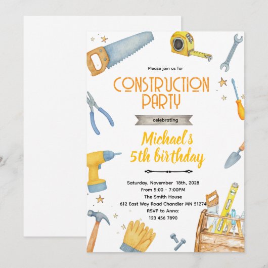 Construction Tools theme invitation (Devant / Derrière)