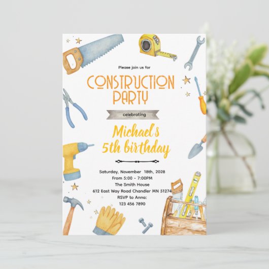 Construction Tools theme invitation Kaart (Staand voorkant)
