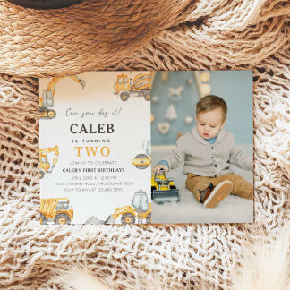 Construction Truck 2nd Birthday Photo Invitation Kaart