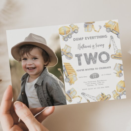 Construction Truck TWO 2nd Birthday Party Kaart