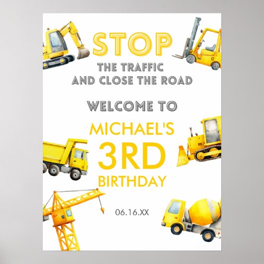 Construction Trucks Birthday Welcome Sign Poster (Voorkant)