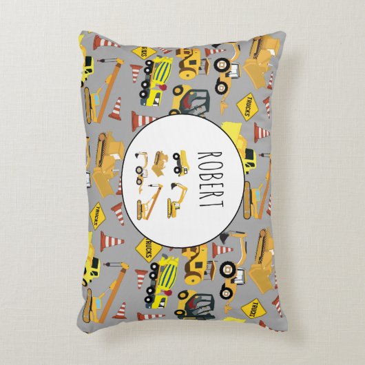 Construction Trucks Pattern Gepersonaliseerd Naam Accent Kussen (Voorkant(Verticaal))