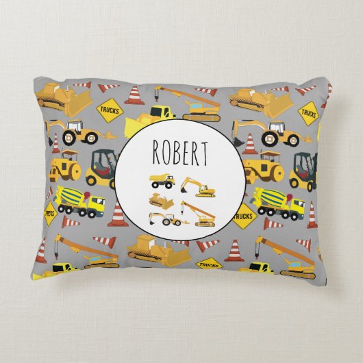 Construction Trucks Pattern Gepersonaliseerd Naam Accent Kussen (Achterkant)