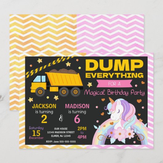 Construction & Unicorn Joint Birthday Invitation Kaart (Voorkant / Achterkant)