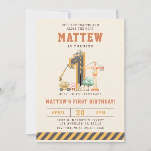 Construction Vehicles 1st Birthday Invitation Kaart (Voorkant)