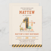 Construction Vehicles 1st Birthday Invitation Kaart (Voorkant / Achterkant)