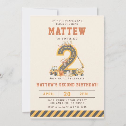 Construction Vehicles 2nd Birthday Invitation (Devant)
