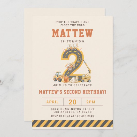 Construction Vehicles 2nd Birthday Invitation (Devant / Derrière)