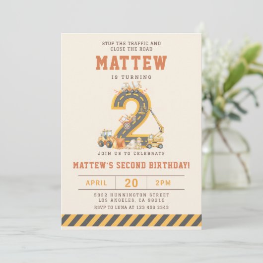 Construction Vehicles 2nd Birthday Invitation Kaart (Staand voorkant)