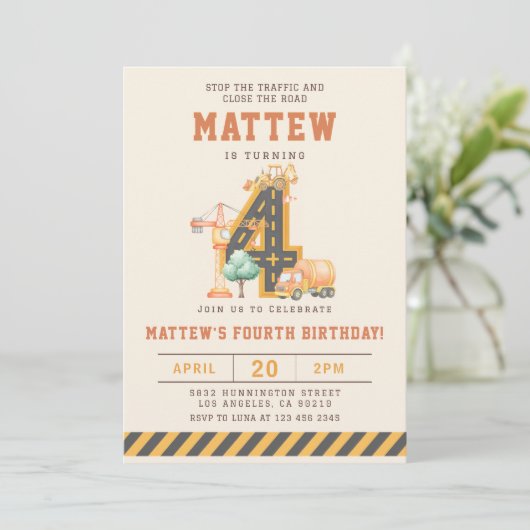 Construction Vehicles 4th Birthday Invitation (Debout devant)